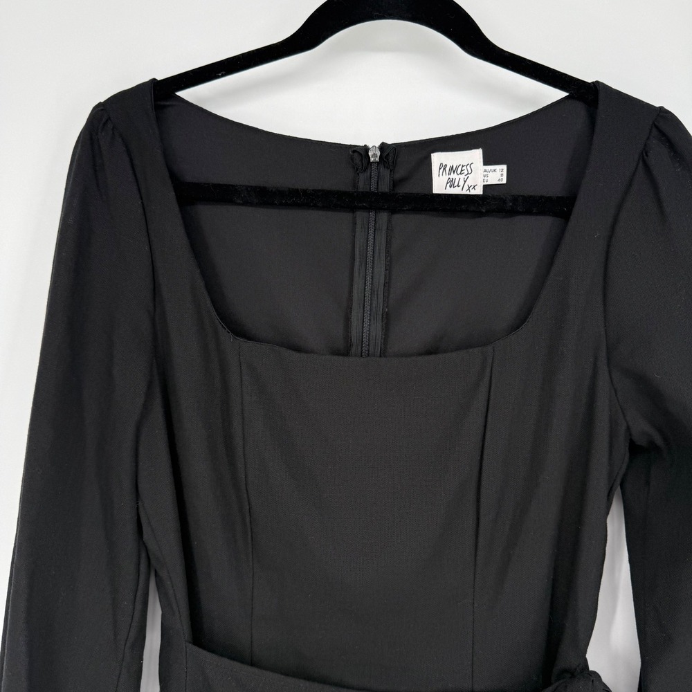 Princess Polly Villa Black Long Sleeve Linen Blend Faux Wrap Skirt Mini Dress 8 - Picture 2 of 10